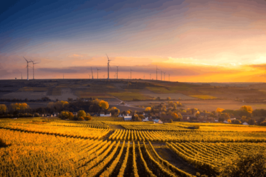 a farm at sunset